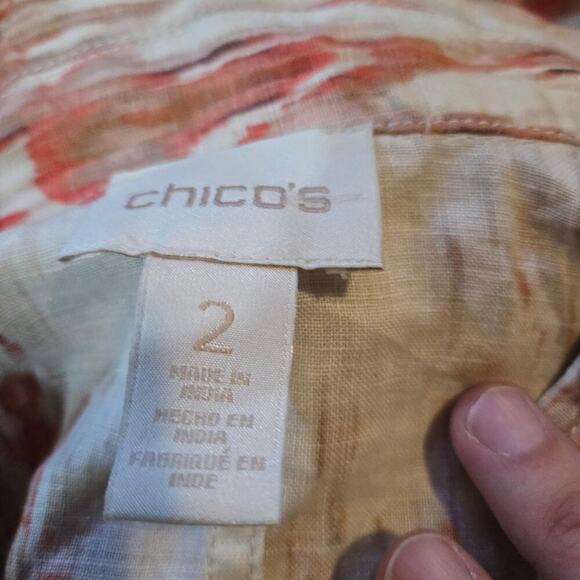 Chico’s Linen Blend Jacket Size 2 Large Peach Coral Abstract Print - Picture 9 of 10